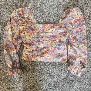 Oli & Hali Floral Puff-Sleeve Square Neck Crop Top - Pink, Purple, Cream, Green